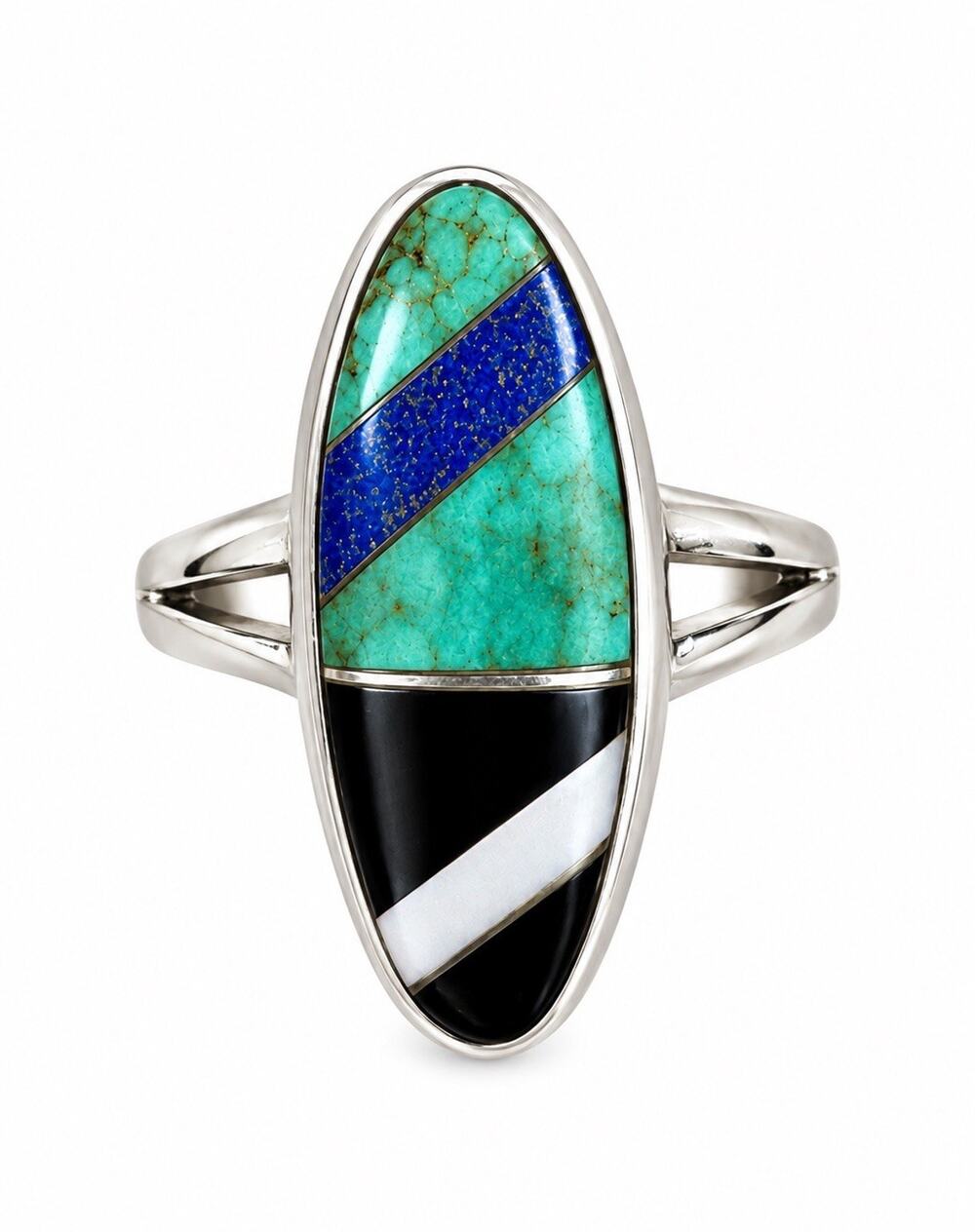 Vintage TAXCO Mexico 925 Sterling Silver Ring Turquoise Lapis Onyx MOP Inlay 6.7